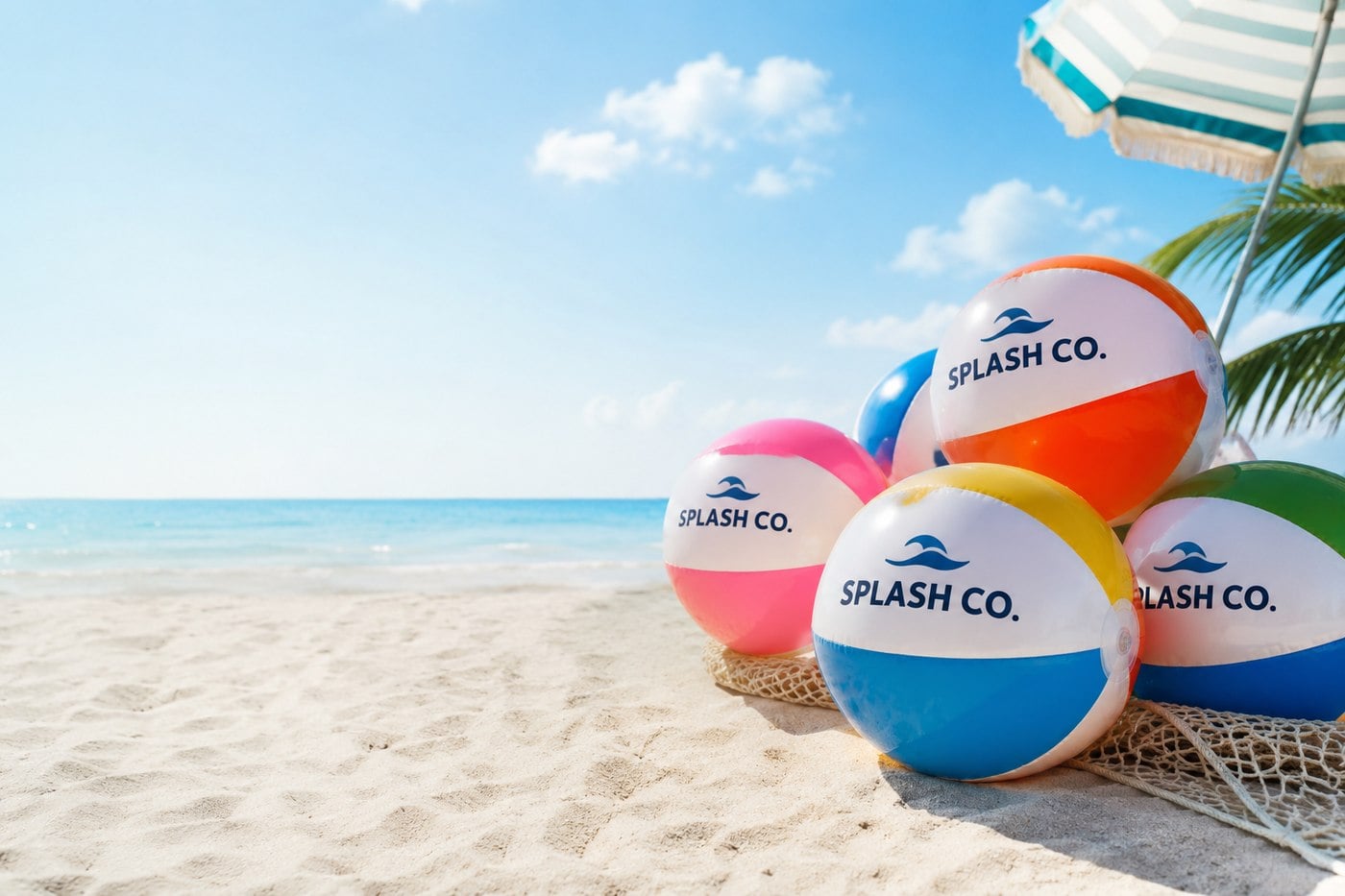 Custom printed SPLASH CO. beach balls on a sunny beach